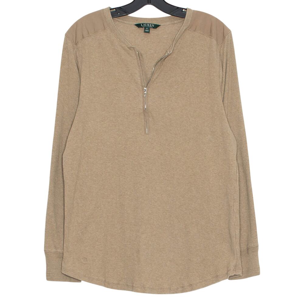 Ralph Lauren Plus Size 2X Top Brown 1/2 Zip Ribbed Minimalist Quiet Luxury Basic